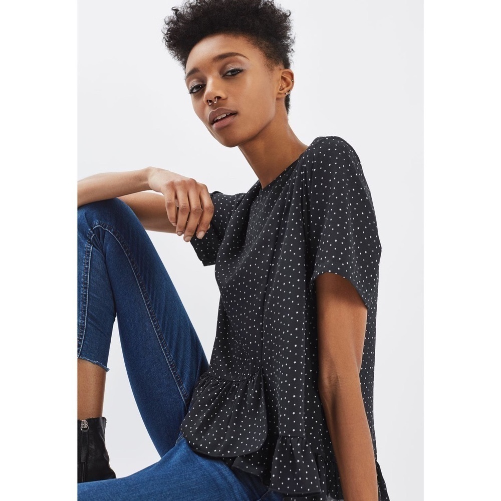 Topshop Star Frill Hem Top Short Sleeve Semi-Sheer Navy Blue US 4